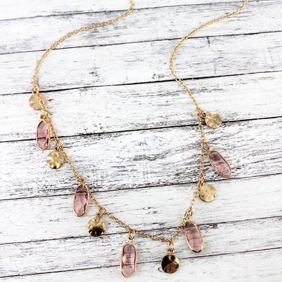 2/$15- PINK OVAL GEMSTONE GOLDTONE CHARM NECKLACE - Picture 1 of 1